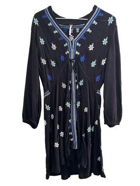 Free People Star Gazer Embroidered Mini Dress Black Boho Flowy Size S